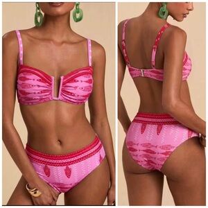 NEW Pink & Red Patterned Bandeau Bikini Set with High Waist Bottoms MEDIUM